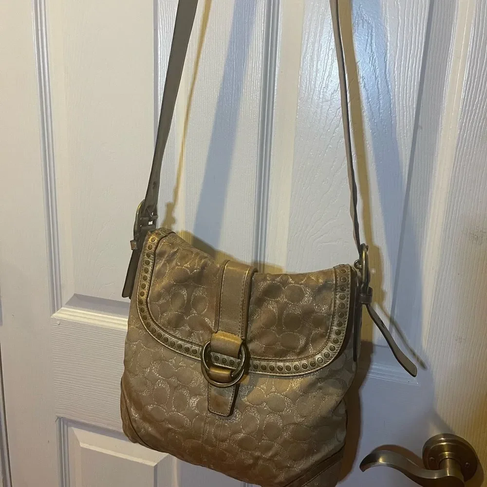 Coach Metallic Fabric Gold Signature Lured Studded Crossbody Bag  leather trims